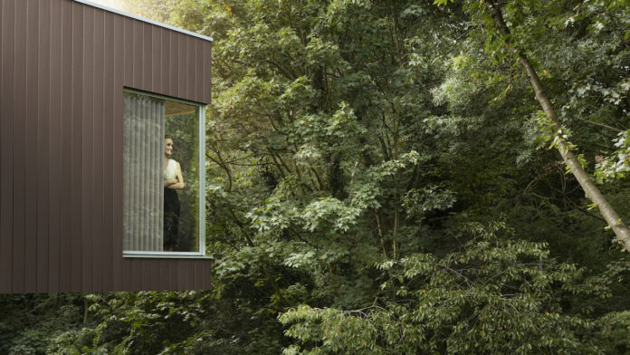 Woman standing at window in modern house watching the forest Fiberon